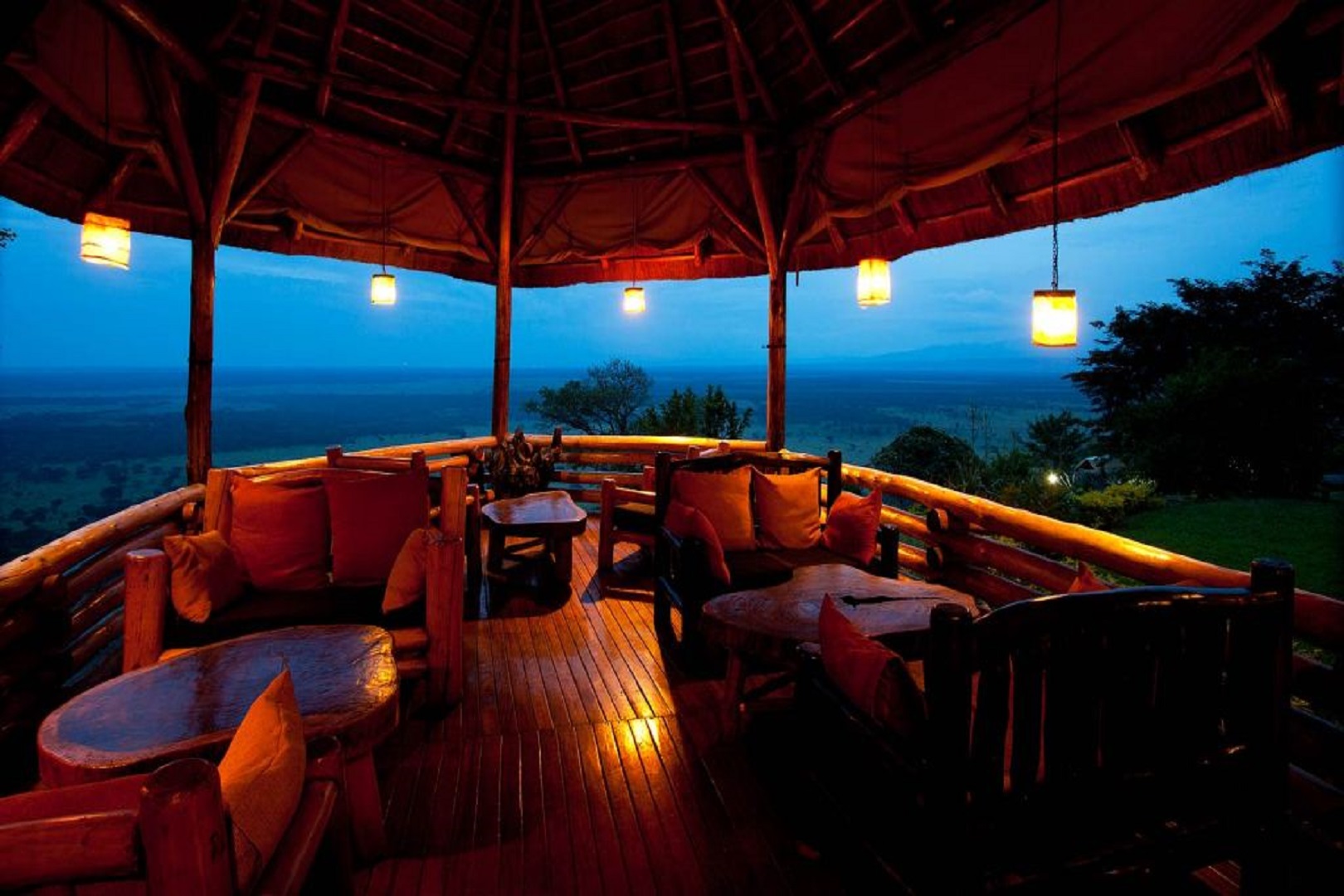 Evening view of the wilderness over the balcony at Katara Lodge, Queen Elizabeth National Park