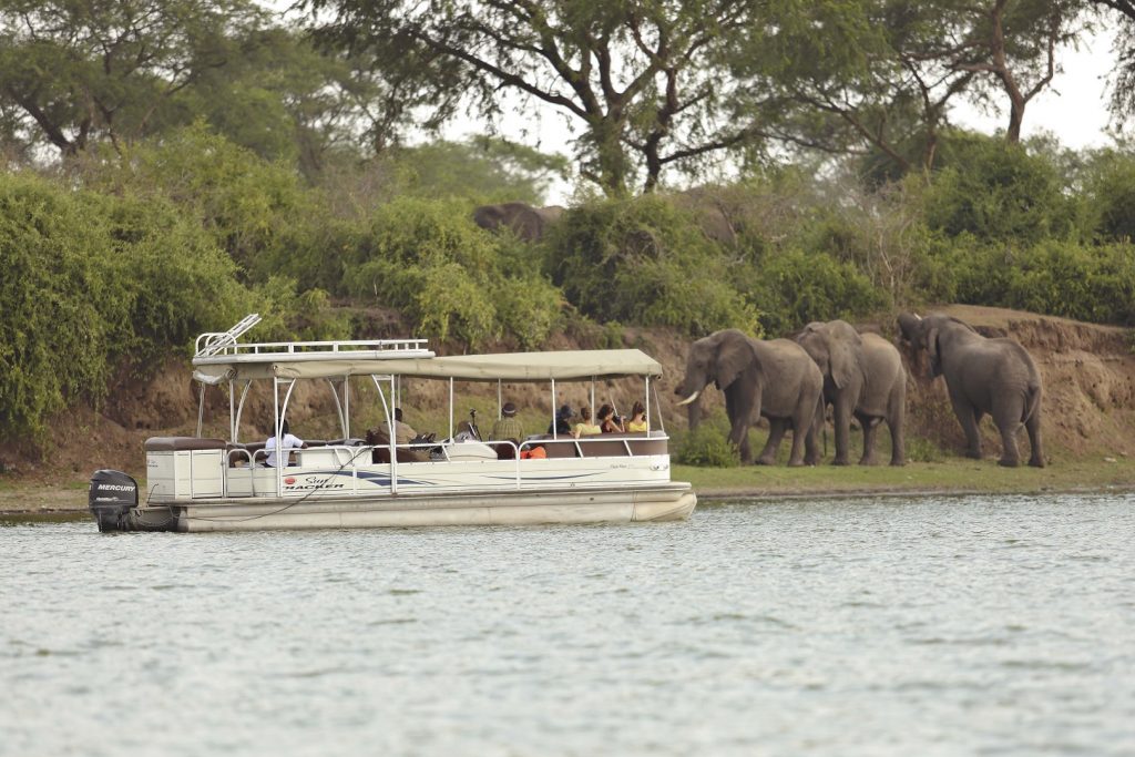 Enjoy a boat cruise along Kazinga channel in Queen Elizabeth National Park, part of your short flying wildlife tour