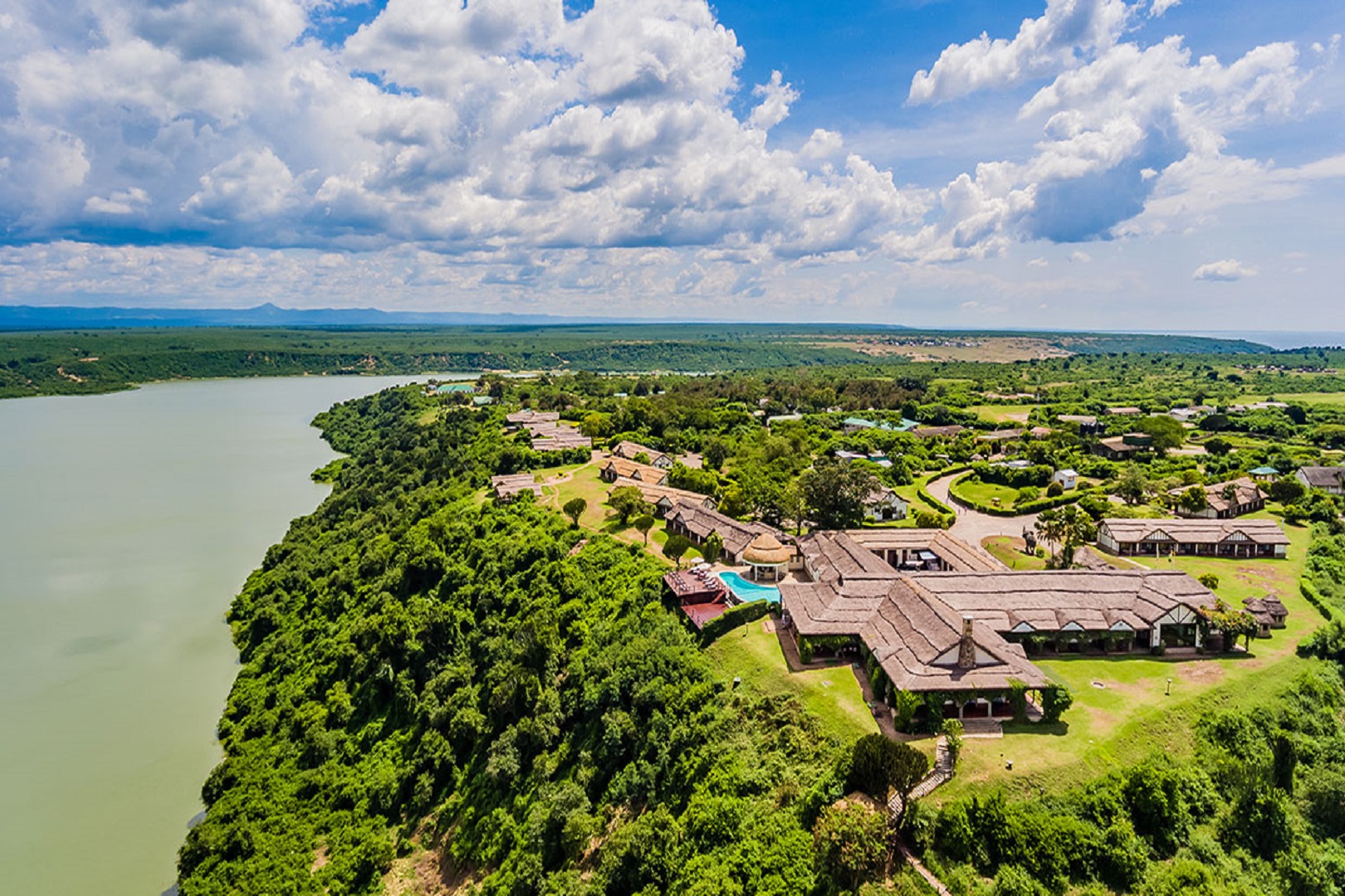 An aerial view of Mweya Safari Lodge, Queen Elizabeth National Park