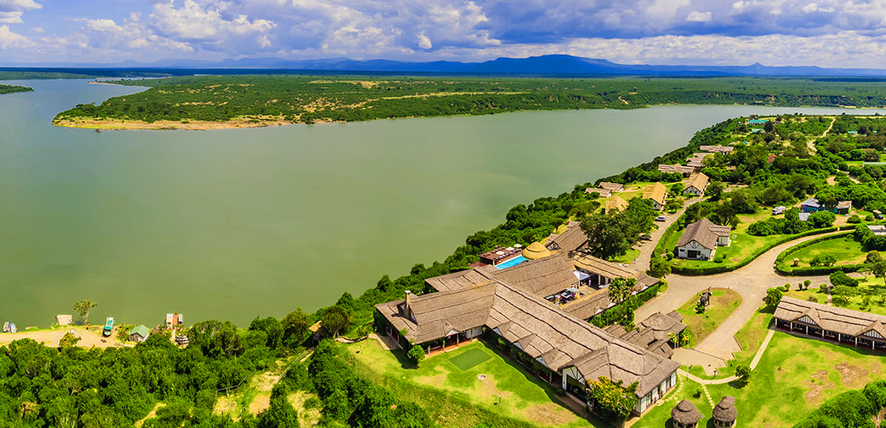 An aerial view of Mweya Safari Lodge overlooking Kazinga channel, Queen Elizabeth National Park